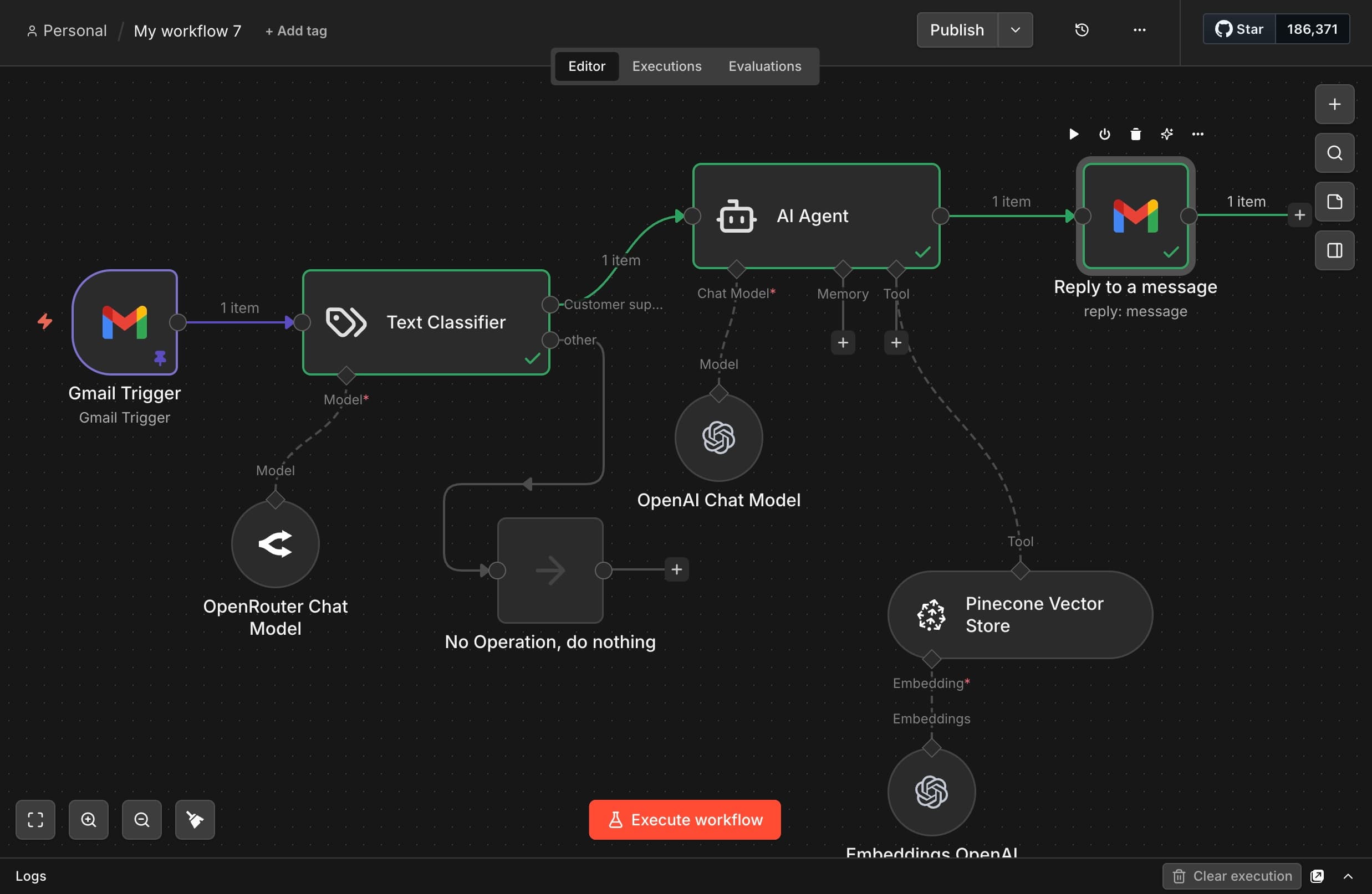 n8n workflow: Gmail trigger, Text Classifier, AI Agent with Pinecone memory, and automated reply